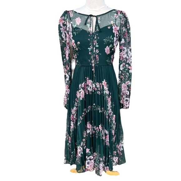 Marchesa Notte Emerald Floral Chiffon Dress Blouson Sleeve Pleated Skirt NWT - Picture 3 of 15